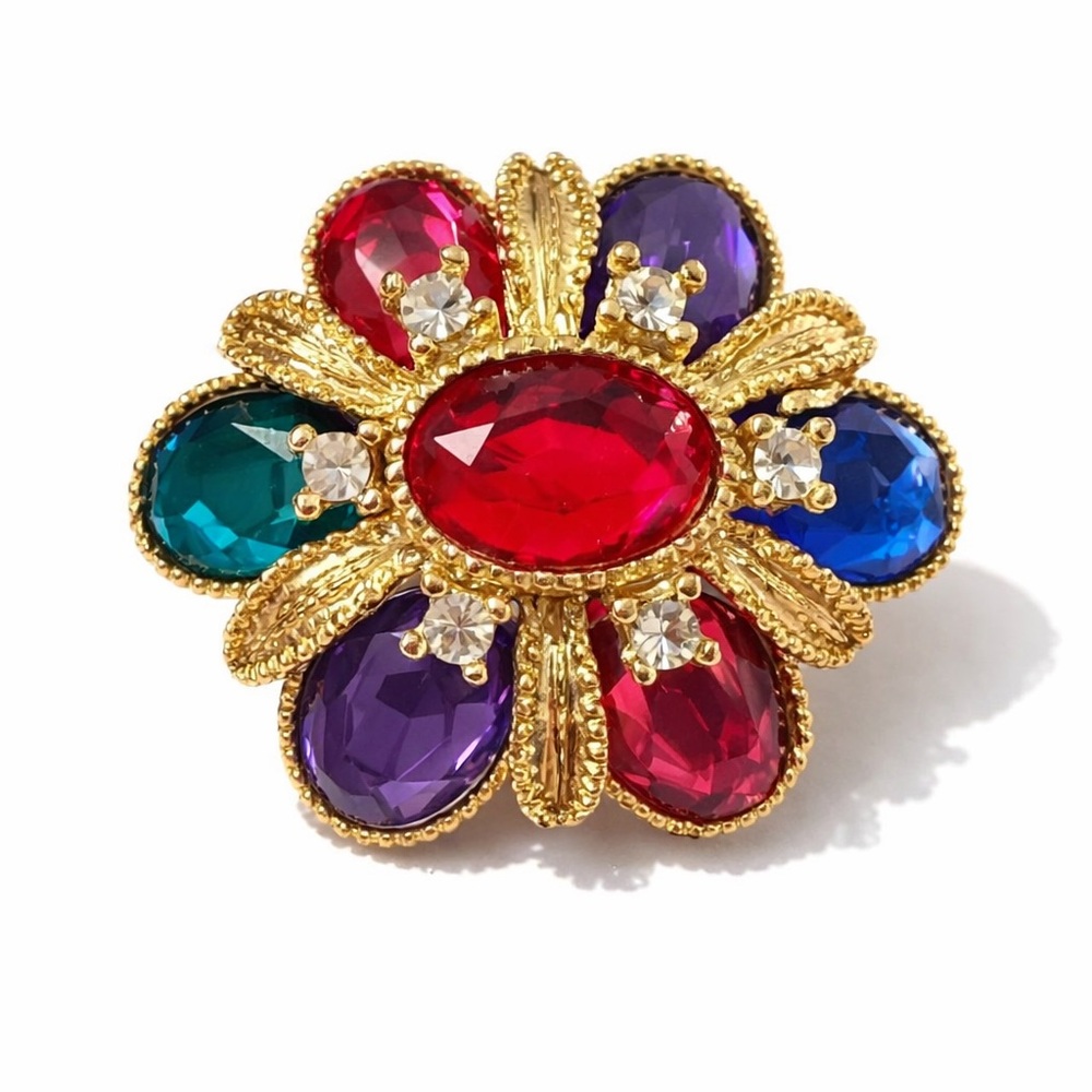 Vintage Multicolor Rhinestone Flower‎ Brooch Gold Tone Statement Retro Jewelry